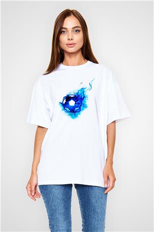 Futbol Baskılı Unisex Beyaz Oversize Tişört - Tshirt