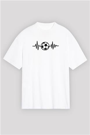 Futbol Baskılı Unisex Beyaz Oversize Tişört - Tshirt
