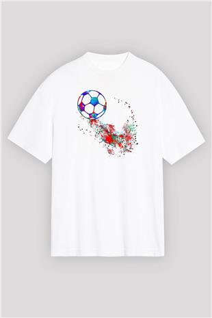 Futbol Baskılı Unisex Beyaz Oversize Tişört - Tshirt