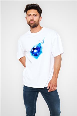 Futbol Baskılı Unisex Beyaz Oversize Tişört - Tshirt