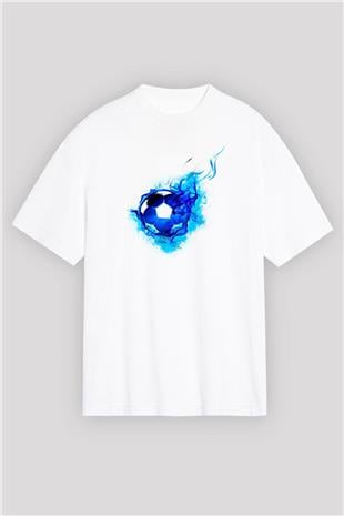 Futbol Baskılı Unisex Beyaz Oversize Tişört - Tshirt