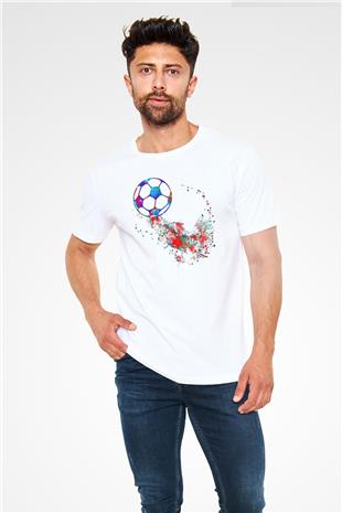 Futbol Baskılı Unisex Beyaz Tişört - Tshirt