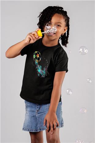 Futbol - Football Baskılı Unisex Siyah Çocuk Tİşörtü - Tshirt
