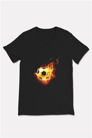 Futbol - Football Baskılı Unisex Siyah V Yaka Tişört