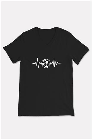 Futbol - Football Baskılı Unisex Siyah V Yaka Tişört