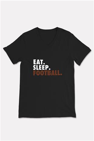 Futbol - Football Baskılı Unisex Siyah V Yaka Tişört