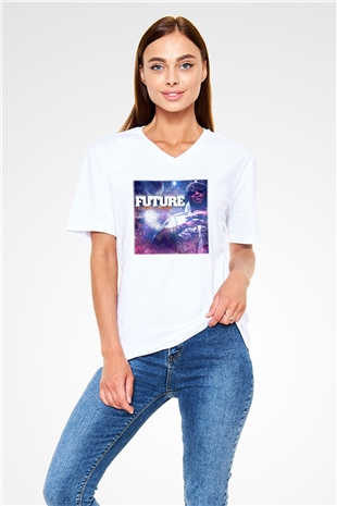 Future Beyaz Unisex V Yaka Tişört T-Shirt