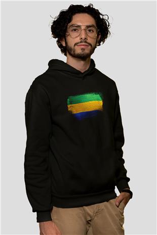 Gabon Bayrağı Baskılı Unisex Siyah Hoodie