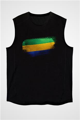 Gabon Bayrağı Baskılı Unisex Siyah Kolsuz Tişört