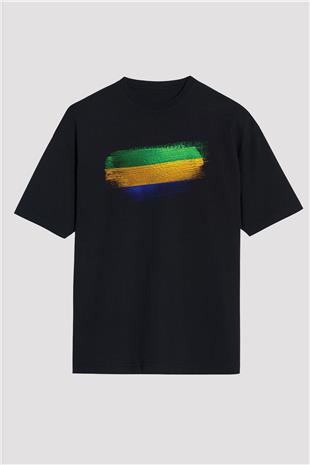 Gabon Bayrağı Baskılı Unisex Siyah Oversize Tişört