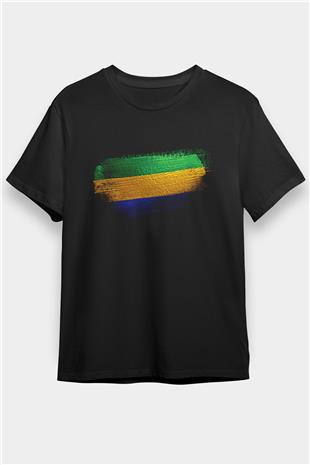 Gabon Bayrağı Baskılı Unisex Siyah Tişört