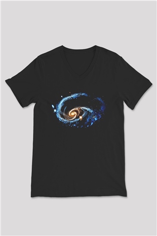 Galaksi Siyah Unisex V Yaka Tişört T-Shirt