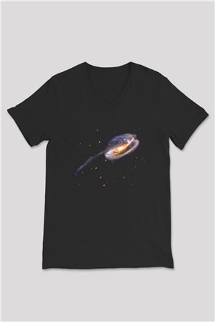 Galaksi Siyah Unisex V Yaka Tişört T-Shirt