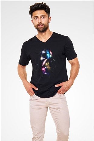 Galaksi Siyah Unisex V Yaka Tişört T-Shirt