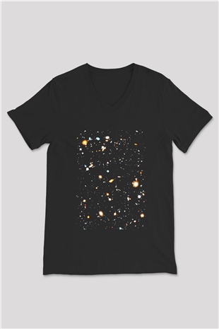 Galaksi Siyah Unisex V Yaka Tişört T-Shirt