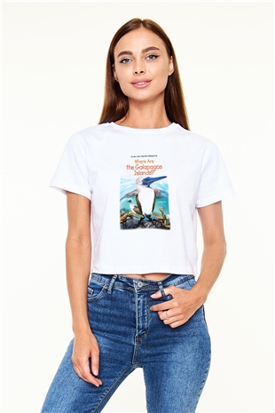 Galapagos Adaları Beyaz Croptop Tişört