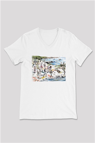 Galapagos Adaları Beyaz Unisex V Yaka Tişört T-Shirt