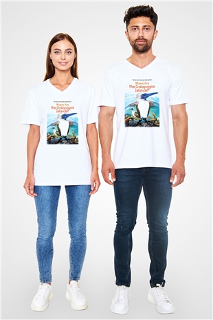 Galapagos Adaları Beyaz Unisex V Yaka Tişört T-Shirt
