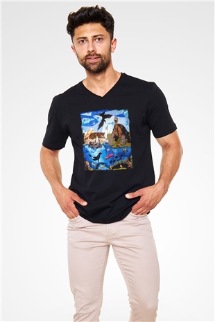 Galapagos Adaları Siyah Unisex V Yaka Tişört T-Shirt