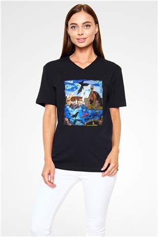 Galapagos Adaları Siyah Unisex V Yaka Tişört T-Shirt