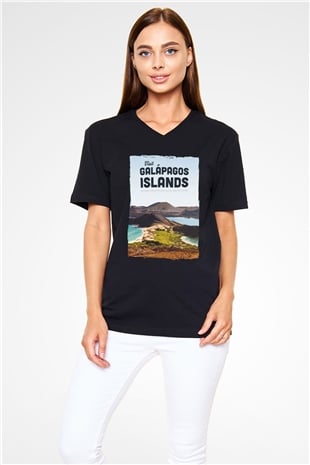 Galapagos Adaları Siyah Unisex V Yaka Tişört
