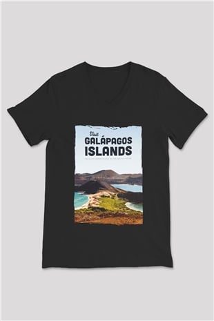 Galapagos Adaları Siyah Unisex V Yaka Tişört