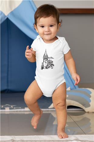 Galata Kulesi Baskılı Beyaz Unisex Bebek Body - Zıbın