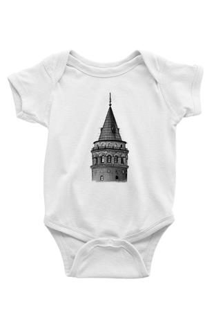 Galata Kulesi Baskılı Beyaz Unisex Bebek Body - Zıbın