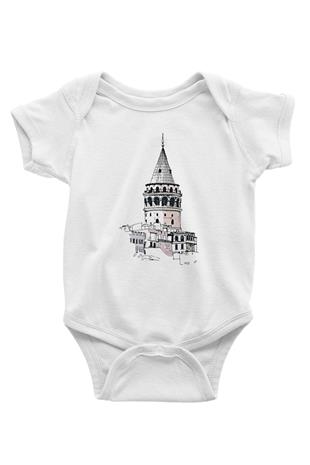 Galata Kulesi Baskılı Beyaz Unisex Bebek Body - Zıbın