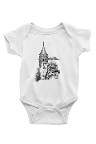 Galata Kulesi Baskılı Beyaz Unisex Bebek Body - Zıbın