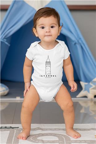 Galata Kulesi Baskılı Beyaz Unisex Bebek Body - Zıbın