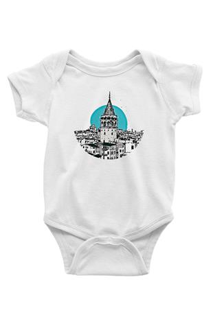 Galata Kulesi Baskılı Beyaz Unisex Bebek Body - Zıbın