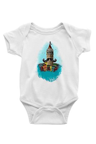 Galata Kulesi Baskılı Beyaz Unisex Bebek Body - Zıbın