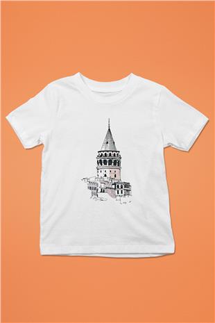 Galata Kulesi Baskılı Beyaz Unisex Beyaz Çocuk Tişört - Tshirt