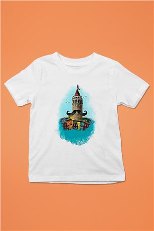 Galata Kulesi Baskılı Beyaz Unisex Beyaz Çocuk Tişört - Tshirt