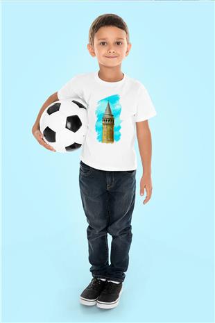 Galata Kulesi Baskılı Beyaz Unisex Beyaz Çocuk Tişört - Tshirt