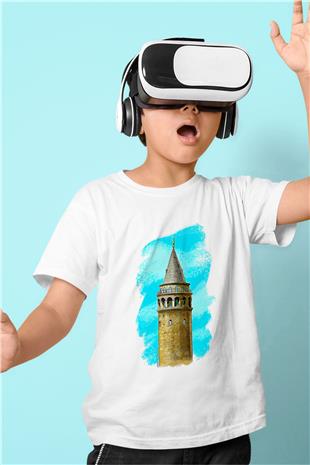 Galata Kulesi Baskılı Beyaz Unisex Beyaz Çocuk Tişört - Tshirt