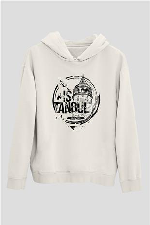 Galata Kulesi Baskılı Beyaz Unisex Hoodie