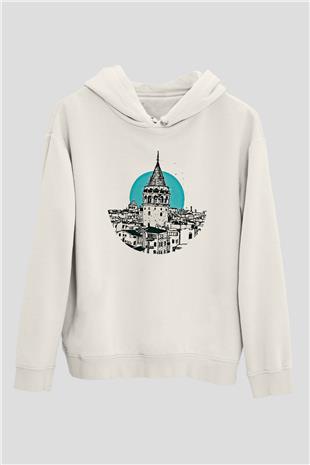 Galata Kulesi Baskılı Beyaz Unisex Hoodie