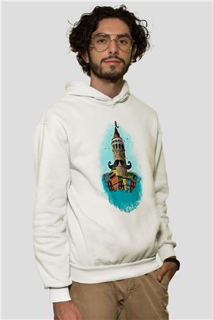 Galata Kulesi Baskılı Beyaz Unisex Hoodie
