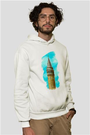 Galata Kulesi Baskılı Beyaz Unisex Hoodie
