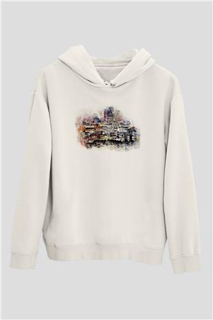 Galata Kulesi Baskılı Beyaz Unisex Hoodie