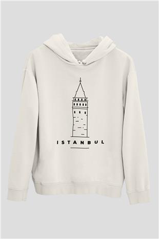Galata Kulesi Baskılı Beyaz Unisex Hoodie