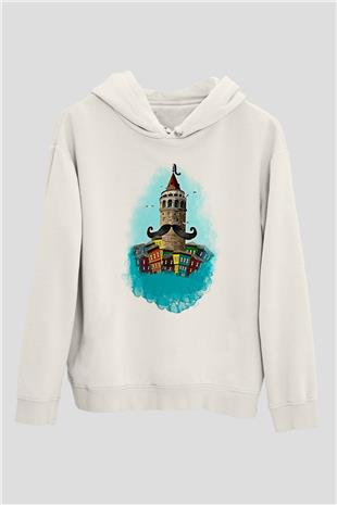 Galata Kulesi Baskılı Beyaz Unisex Hoodie