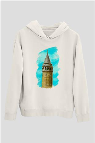 Galata Kulesi Baskılı Beyaz Unisex Hoodie
