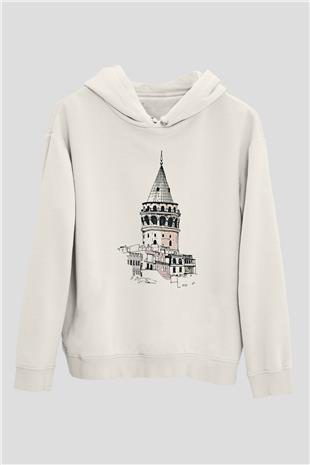 Galata Kulesi Baskılı Beyaz Unisex Hoodie
