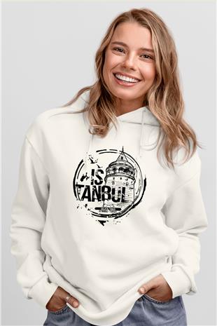 Galata Kulesi Baskılı Beyaz Unisex Hoodie