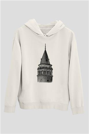 Galata Kulesi Baskılı Beyaz Unisex Hoodie