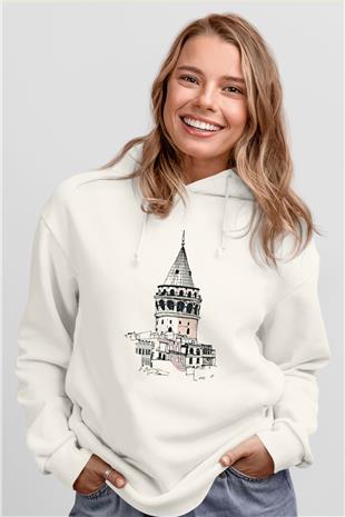 Galata Kulesi Baskılı Beyaz Unisex Hoodie