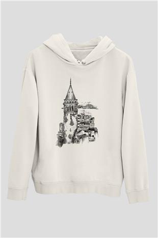 Galata Kulesi Baskılı Beyaz Unisex Hoodie